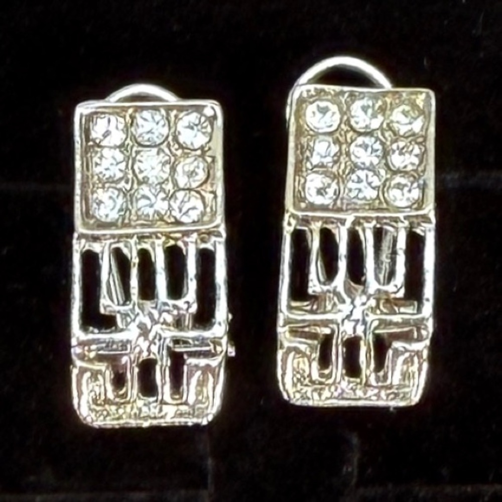 Silvertone Rectangular Bling Omega Back Pierced E… - image 4